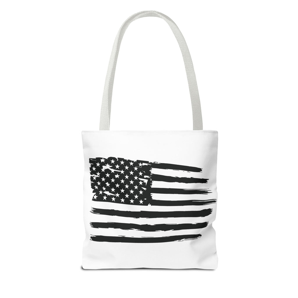 American Flag Tote Bag — Distressed Black & White Patriotic Canvas Tote