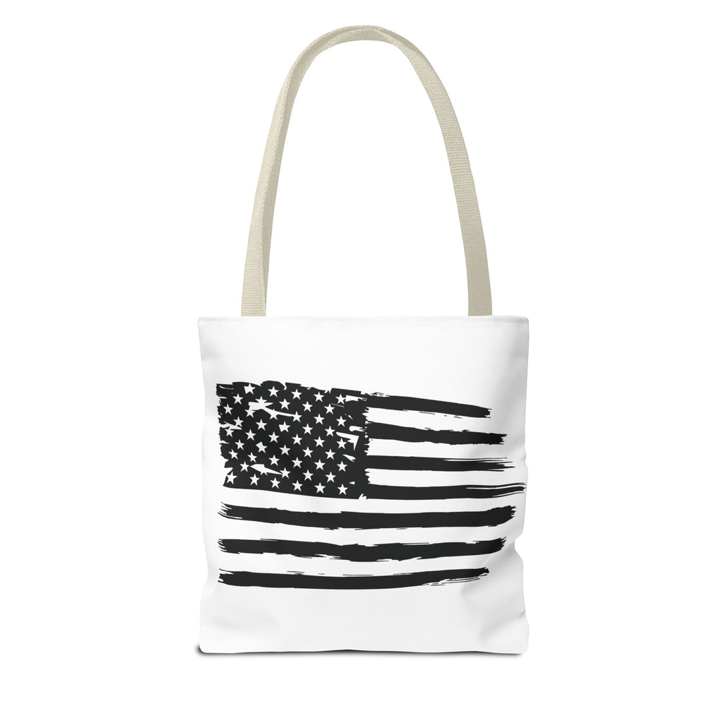 American Flag Tote Bag — Distressed Black & White Patriotic Canvas Tote