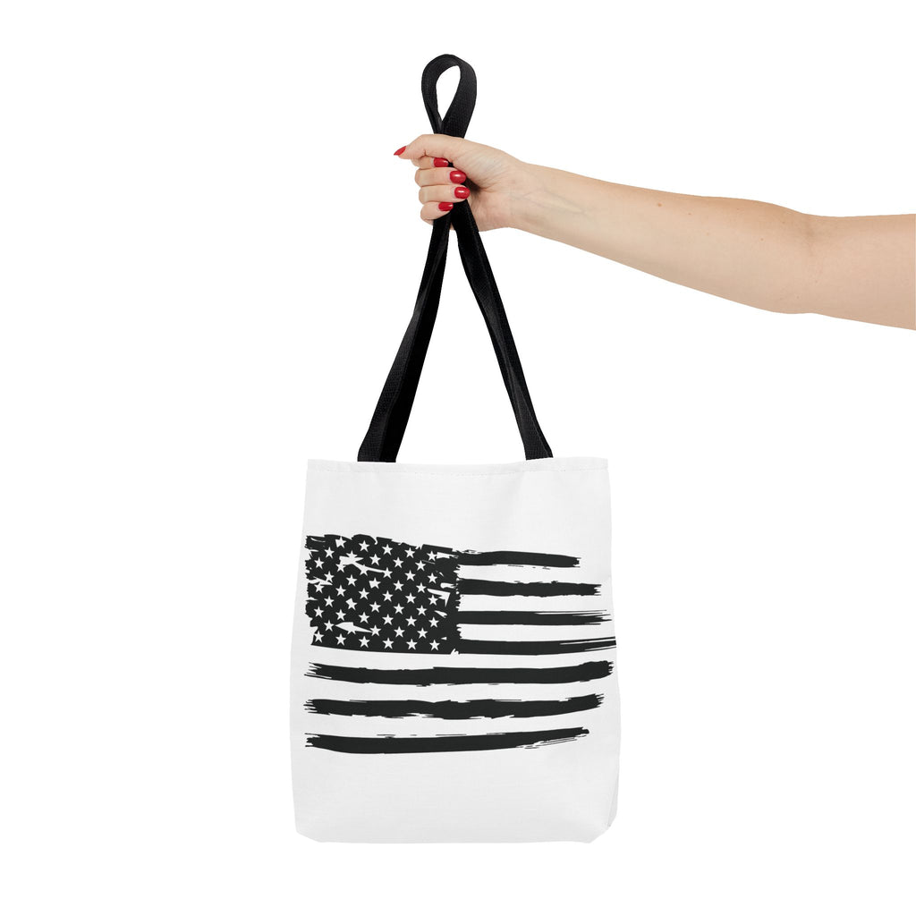 American Flag Tote Bag — Distressed Black & White Patriotic Canvas Tote