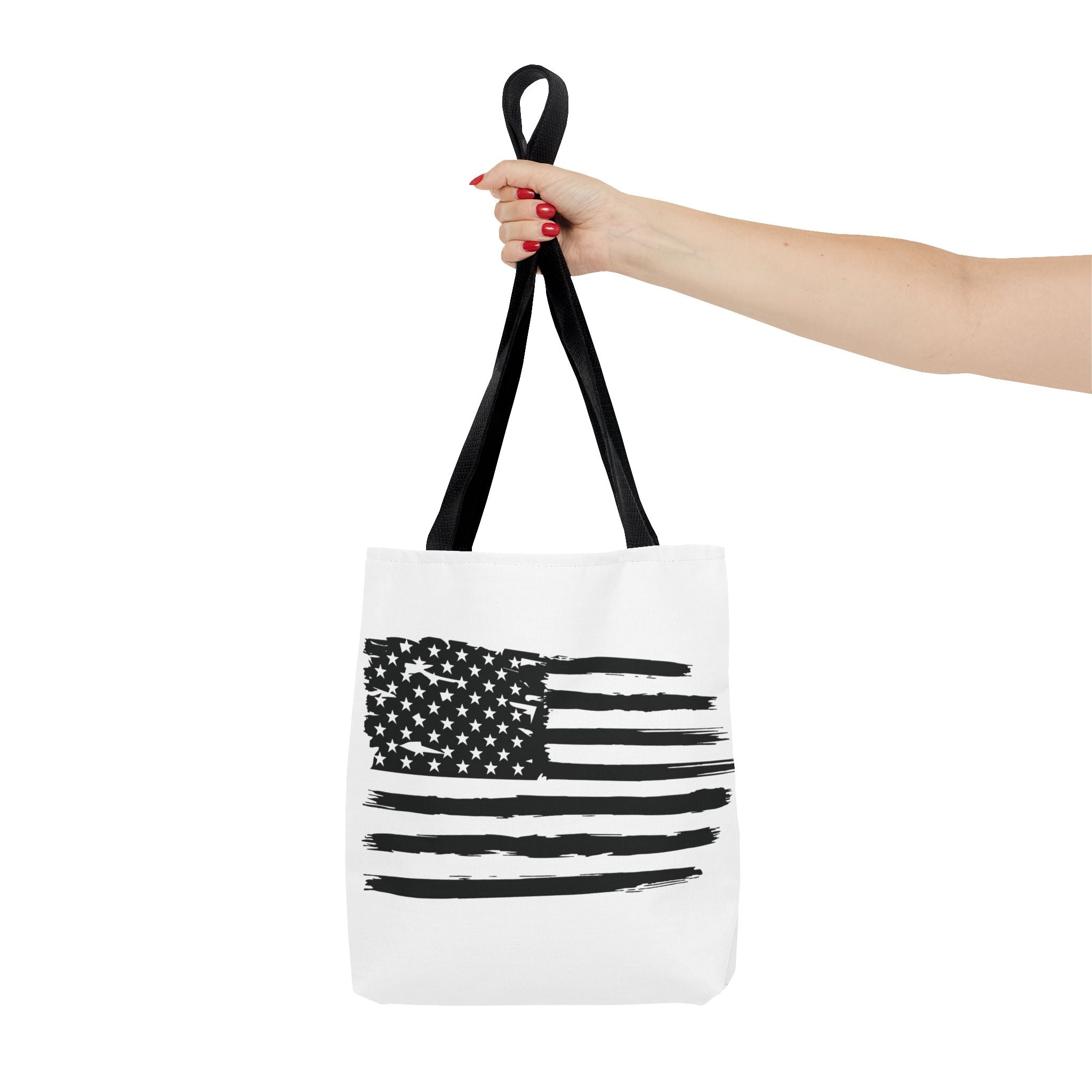 American Flag Tote Bag — Distressed Black & White Patriotic Canvas Tote