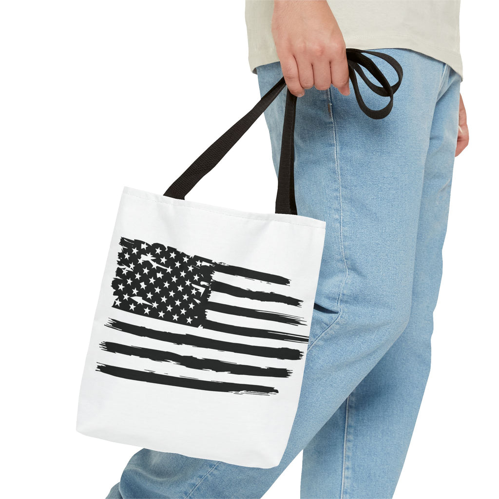 American Flag Tote Bag — Distressed Black & White Patriotic Canvas Tote