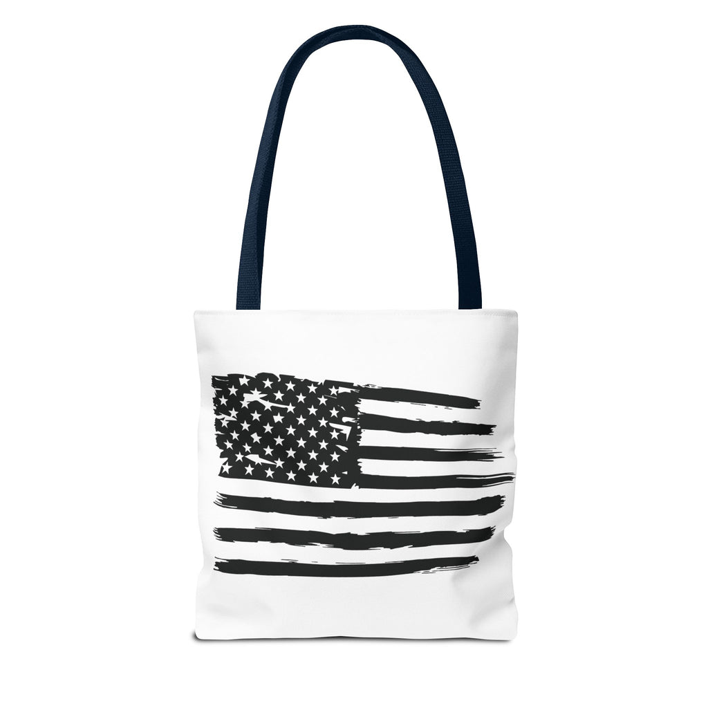 American Flag Tote Bag — Distressed Black & White Patriotic Canvas Tote