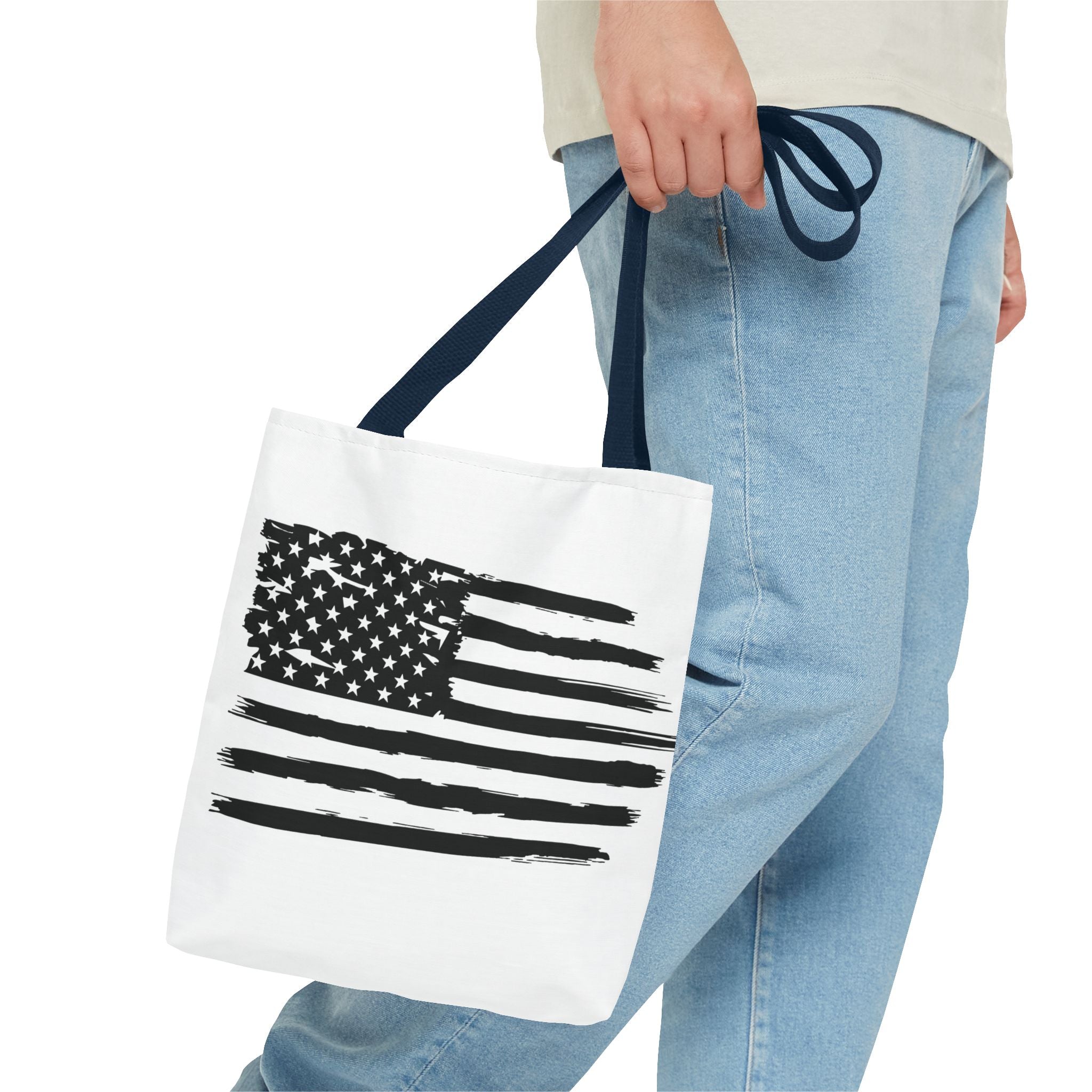 American Flag Tote Bag — Distressed Black & White Patriotic Canvas Tote