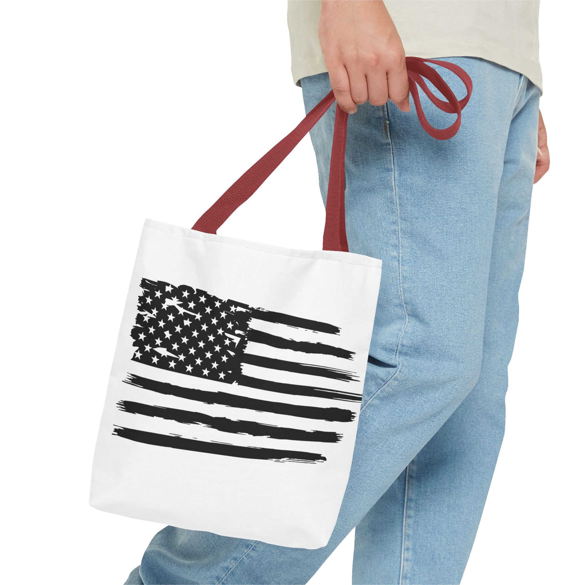 American Flag Tote Bag — Distressed Black & White Patriotic Canvas Tote