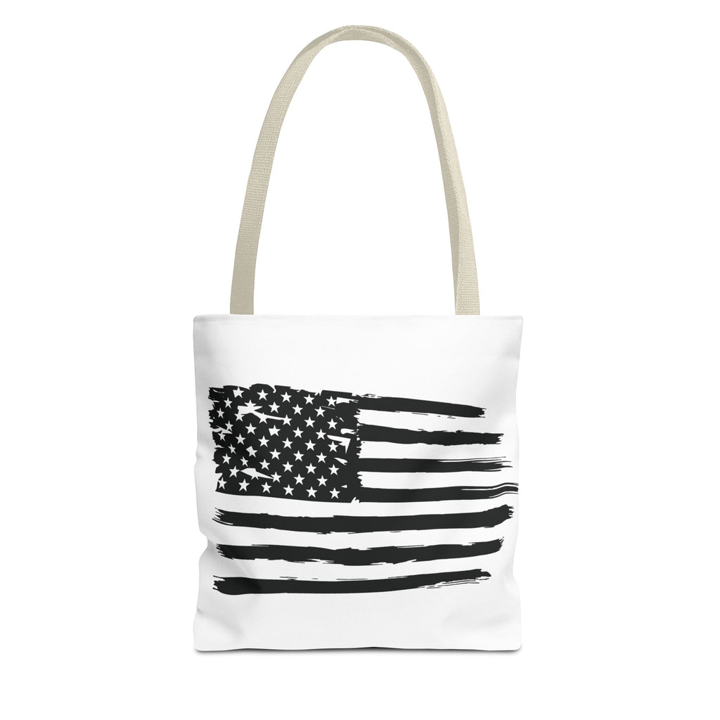 American Flag Tote Bag — Distressed Black & White Patriotic Canvas Tote