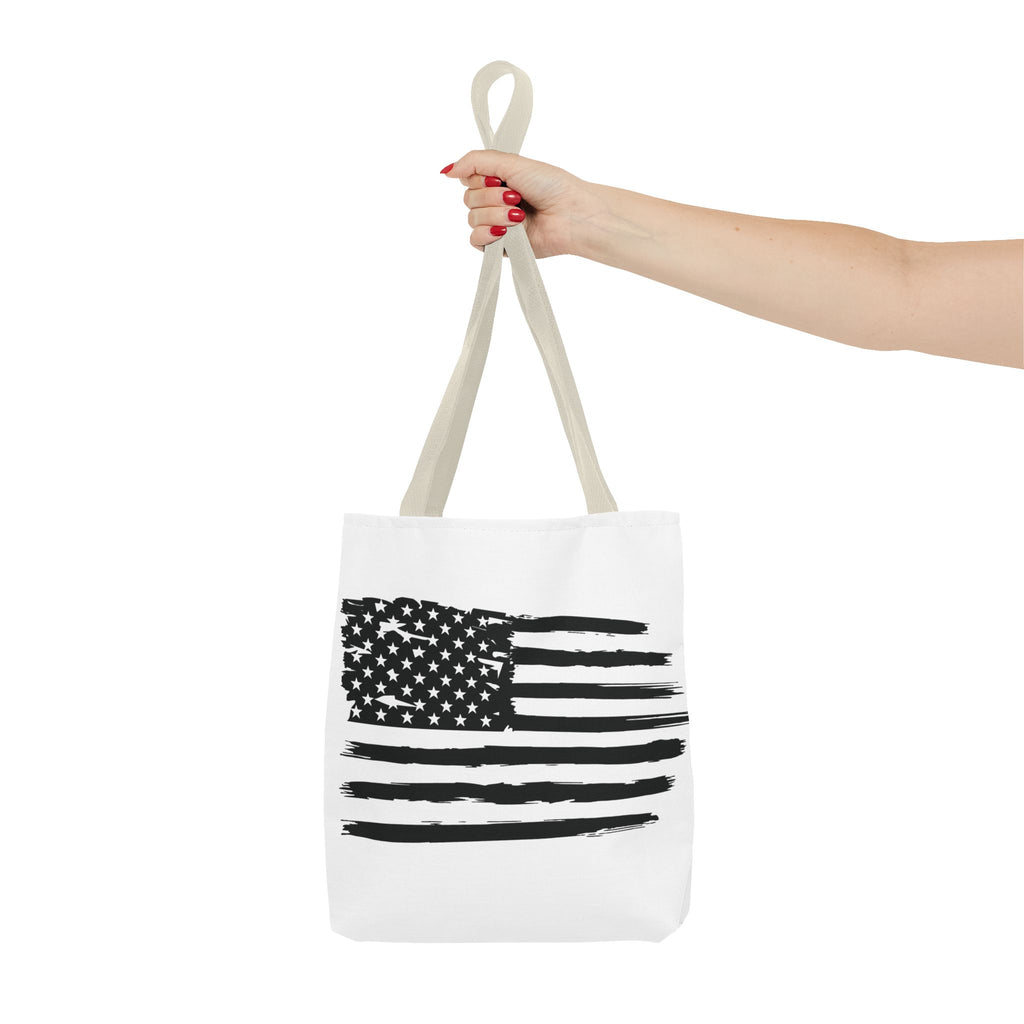 American Flag Tote Bag — Distressed Black & White Patriotic Canvas Tote