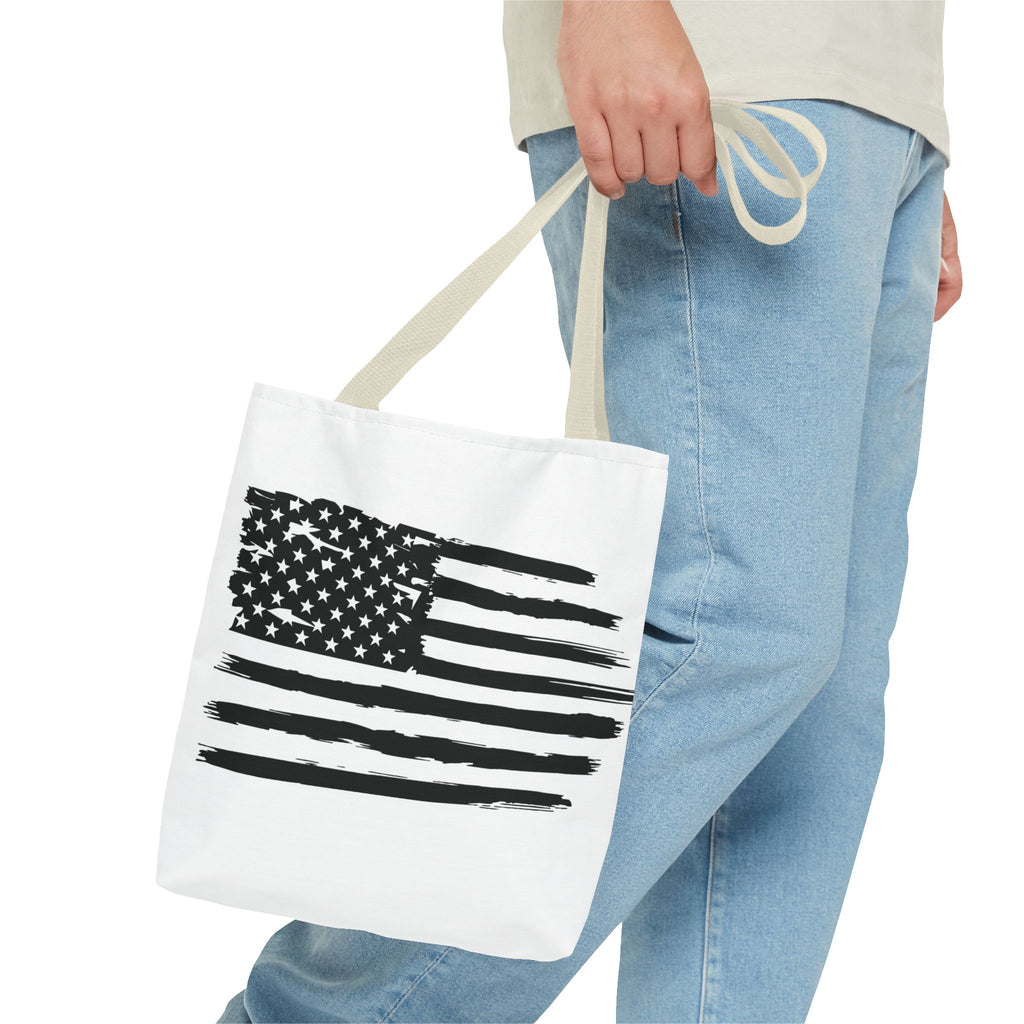 American Flag Tote Bag — Distressed Black & White Patriotic Canvas Tote