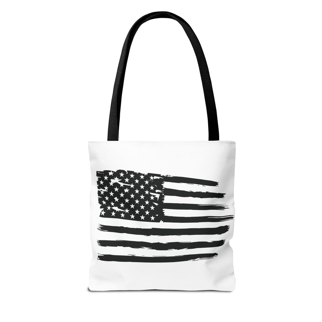 American Flag Tote Bag — Distressed Black & White Patriotic Canvas Tote