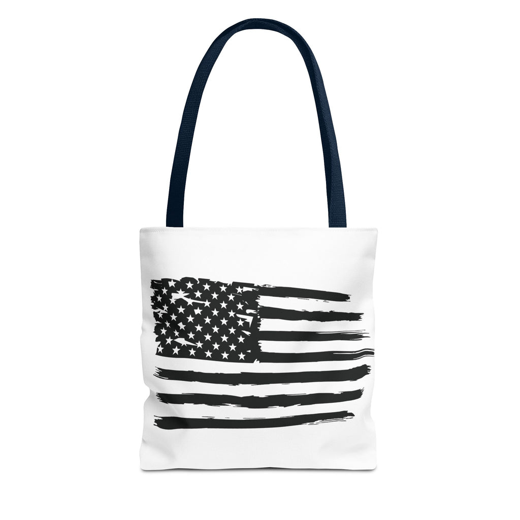 American Flag Tote Bag — Distressed Black & White Patriotic Canvas Tote